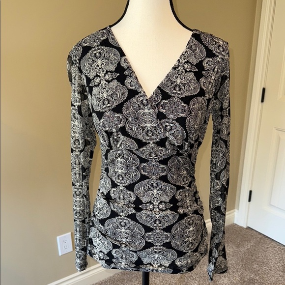 George Blouse Black & White Graphic Fitted Long Sheer Sleeve Criss Cross Bodice - Picture 1 of 10